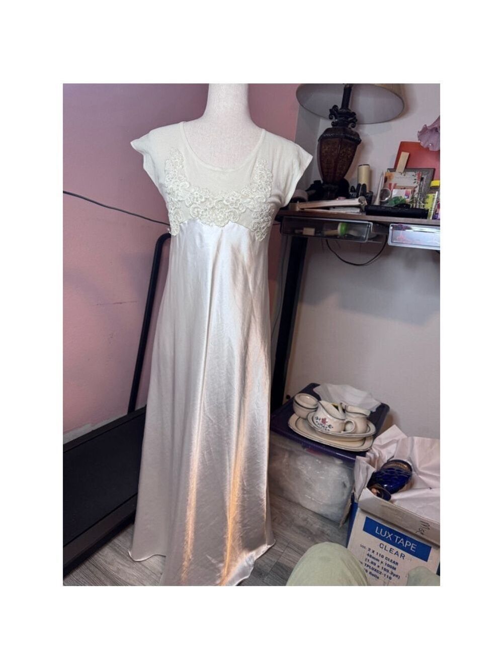 Satin gown cream sz med USA made! Satin bottom top sheer embroidered - Picture 5 of 13